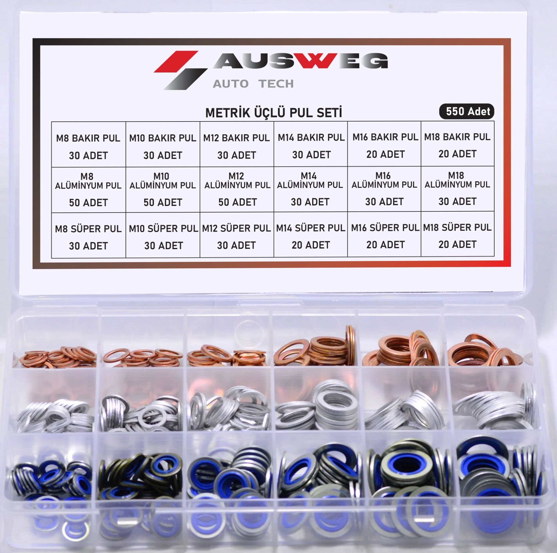 AUSWEG METRİK 3'LÜ KARIŞIK PUL SETİ 550 ADET ÖZEL ÜRETİM M8--M18 ARASI