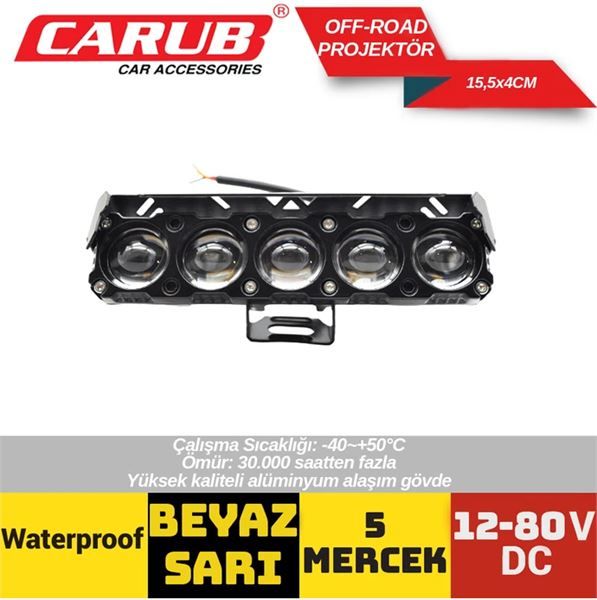 CARUB 3010619 12-80V OFF ROAD PROJEKTÖR BEYAZ SARI 5 MERCEKLİ 15.5 X 4 CM