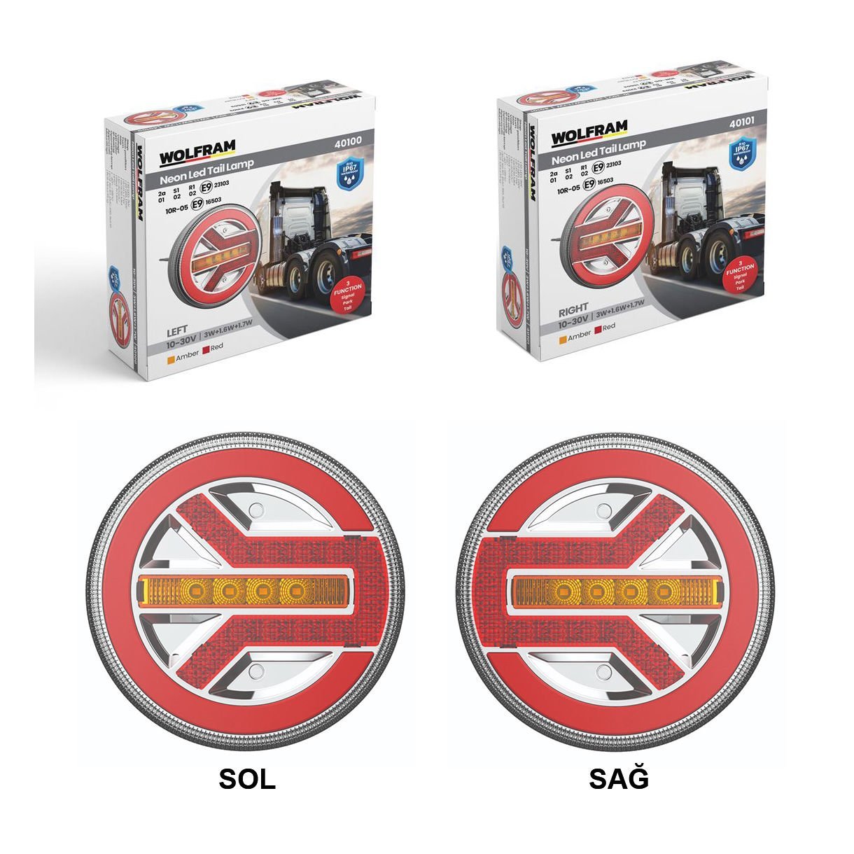 WOLFRAM 40100 - 40101 10V - 30V STOP LAMBA HAMBURGER NEON LEDLİ SOL SAĞ TAKIM 3 FONKSİYON