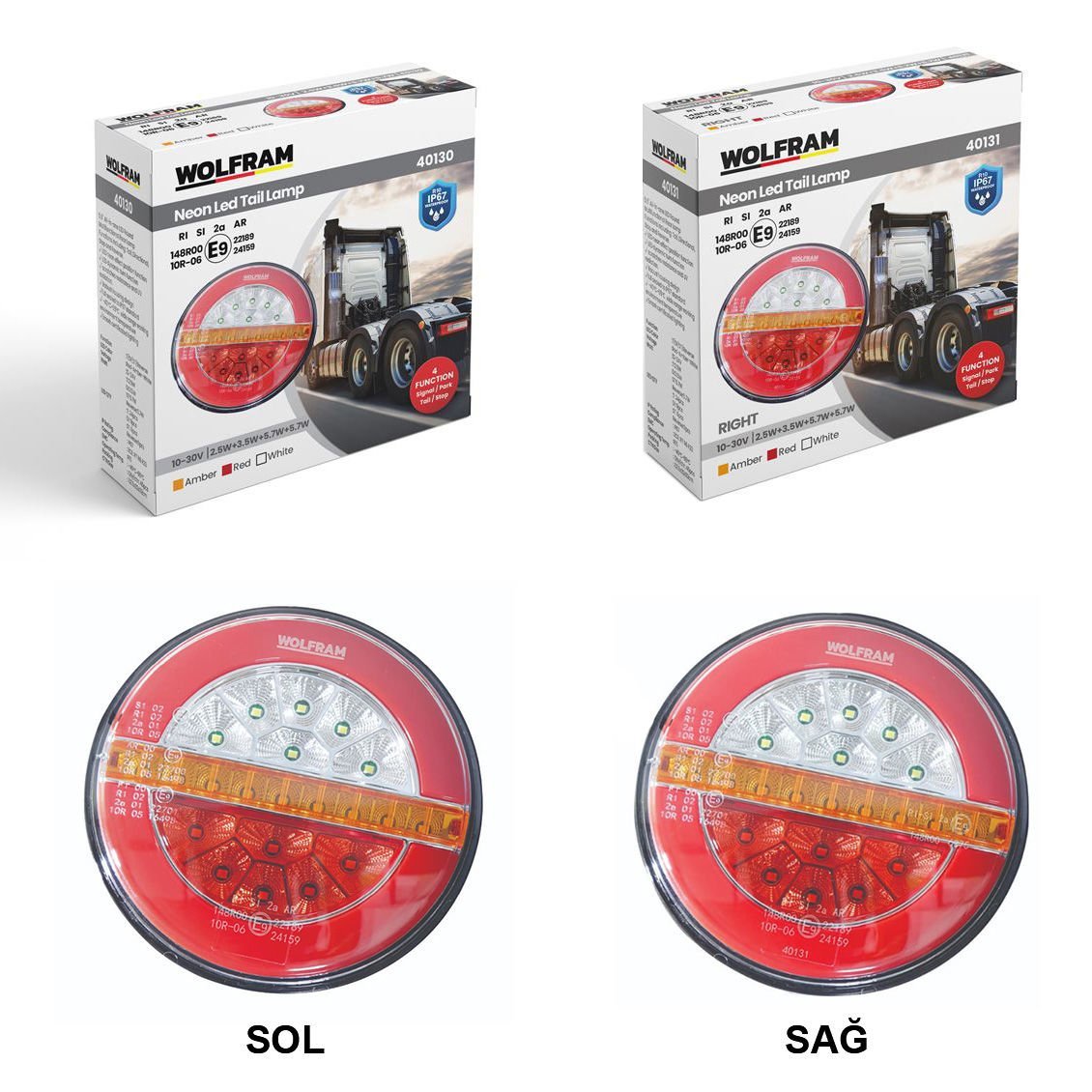 WOLFRAM 40130 - 40131 10V - 30V STOP LAMBA HAMBURGER NEON  LEDLİ SOL SAĞ TAKIM 4 FONKSİYON