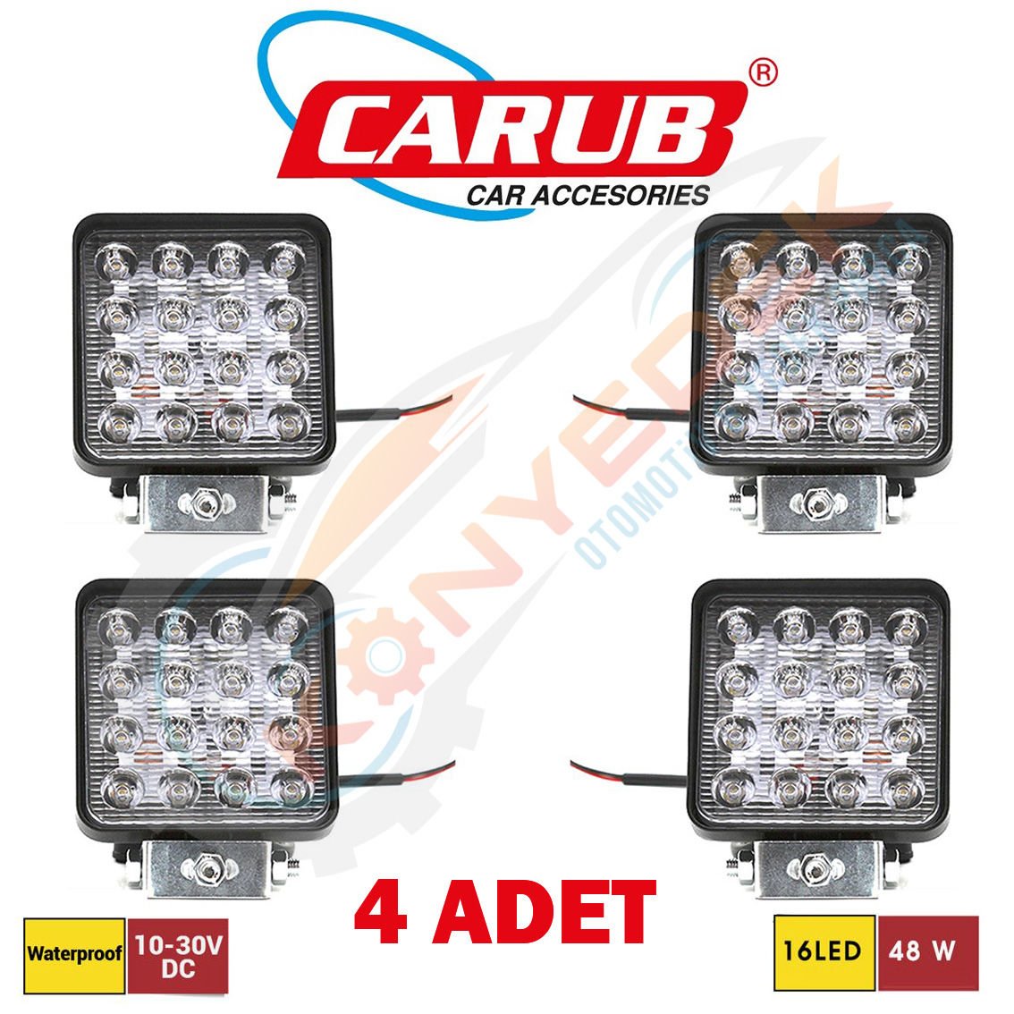 4 ADET CARUB ÇALIŞMA LAMBASI 10-30V 48W 16 LED KARE SİYAH (12 VOLT VE 24 VOLT ARAÇLARA UYGUNDUR)
