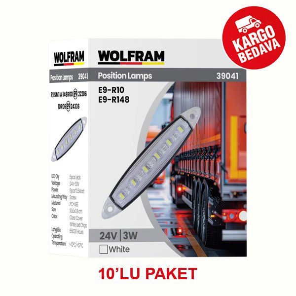 WOLFRAM 39041 24V YAN POZİSYON LAMBA 6 LED 3W BEYAZ E9-R10 BELGELİ - 10 Adet
