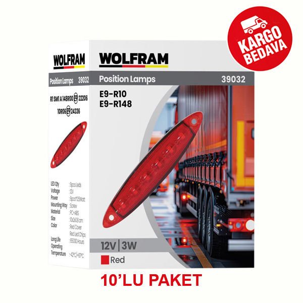 WOLFRAM 39032 12V YAN POZİSYON LAMBA 6 LED 3W KIRMIZI E9-R10 BELGELİ - 10 Adet